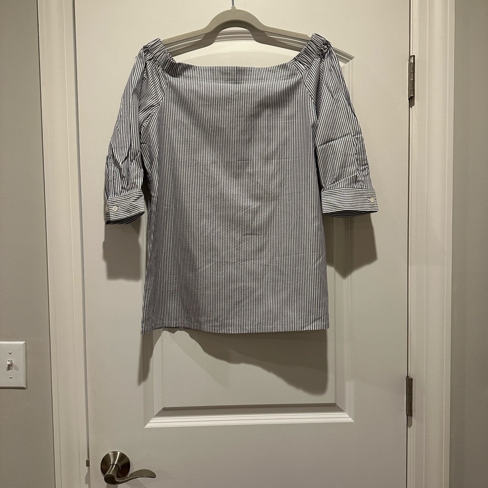 Theory Blue and White Striped Off-Shoulder Blouse